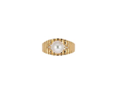 A pearl and diamond ring, central 7.8mm cultured pearl, mounted to a tapered band set with three round brilliant cut diamonds