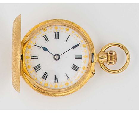 Unsigned - An early 20th century 18ct gold hunter pocket watch, circa 1907, white dial with gold coloured floral border, blac