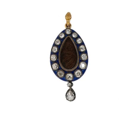 A Victorian diamond and enamel memorial pendant, pear shaped, with a central compartment of neatly woven hair and set with fo