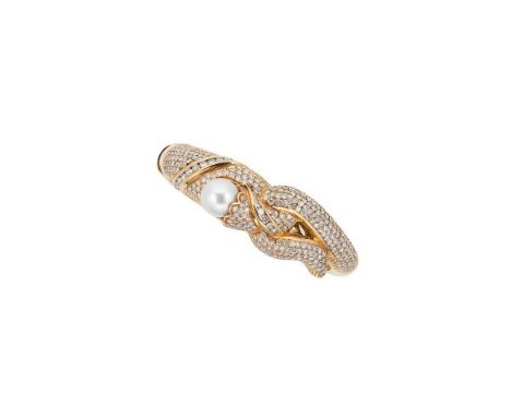 A pearl and diamond set hinged bangle, cultured South Sea pearl, diameter approximately 12.2mm, and pavé set round brilliant 