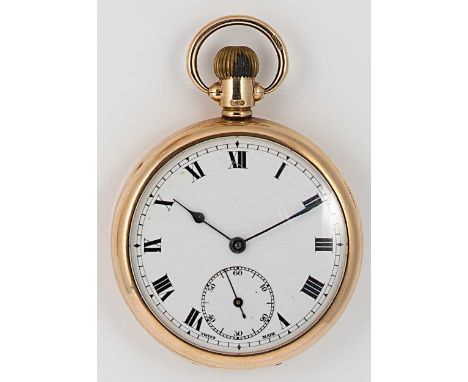 Unsigned - A 9ct gold open faced pocket watch, circa 1931, white dial with black Roman numerals, blued hands and subsidiary s