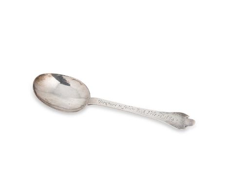 A Charles II silver trefid spoon, mark of John Smith, London (probably) 1663, the handle engraved PREPARE TO FOLLOW R*A FEBR 