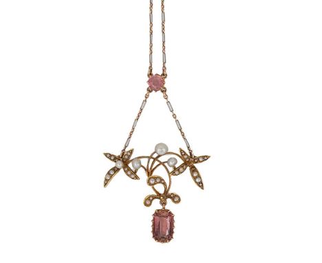 An Edwardian tourmaline and pearl necklace, floral centrepiece with split and button shaped pearls, terminating in a rectangu