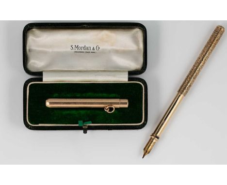 A 15ct gold drop pencil holder, mark of Sampson Mordan & Company, together with another example, London 1907, of plain cylind