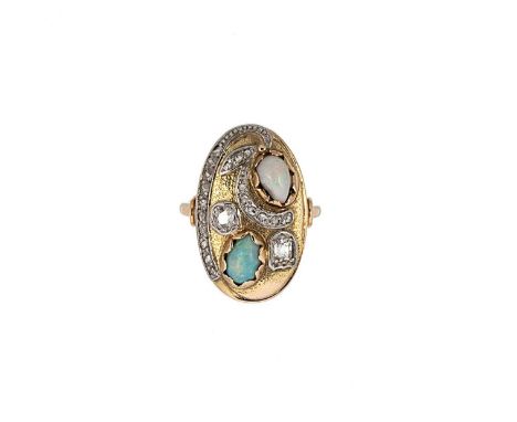 An opal and diamond dress ring, the oval shaped head set with two pear shaped opals and two old mine cut diamonds, further se