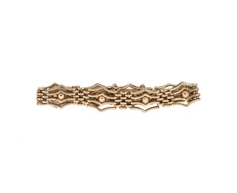 An early 20th century gate style bracelet, fancy tapered links with bead detail, length 18cm, width 1.5cm, push-in clasp with