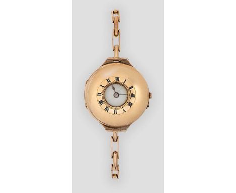 An early 20th century 9ct gold half hunter wristwatch, circa 1908, outer cover with black enamel Roman numerals and inner che