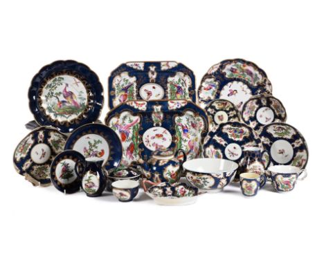 A SELECTION OF WORCESTER BLUE-SCALE GROUND PORCELAIN MOSTLY DECORATED WITH 'FANCY' BIRDSCIRCA 1770 AND LATERFactory, outside 