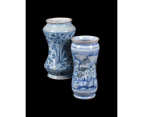 A SAVONA MAIOLICA BLUE AND WHITE DATED ALBERELLO OF WAISTED FORM172621.5cm highAnd another Northern Italian blue and white wa