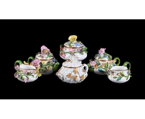A SELECTION OF MINTON FLOWER ENCRUSTED MINIATURE PORCELAINCIRCA 1830Comprising; three miniature teapots and covers, a miniatu