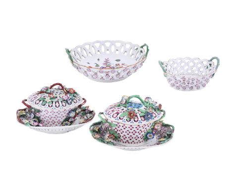 AN ASSORTMENT OF WORCESTER PORCELAIN BASKETSCIRCA 1770Comprising: two chestnut baskets with associated covers and stands; a r