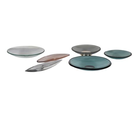 A GROUP OF SIX VARIOUS FONTANA ARTE CLEAR AND COLOURED GLASS DISHES OR VIDE POCHESThe largest 27.5cm diameterProvenance: From