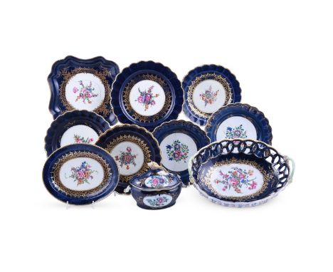 A WORCESTER GROS BLEU GROUND PIERCED OVAL TWO-HANDLED TRELLIS BASKETCIRCA 1775The well painted with a bouquet of flowers, un-