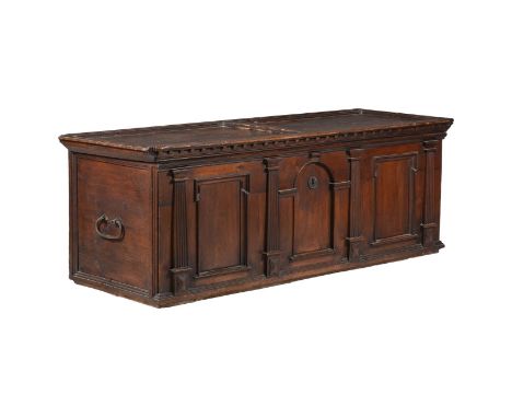 A SWISS STAINED PINE COFFERWith architectural mouldings to the triple panel front70cm high, 197cm wide, 70cm deepProvenance: 