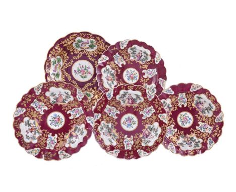 A SELECTION OF WORCESTER CLARET-GROUND AND GILT LATER DECORATED PORCELAIN PLATESTHE PORCELAIN CIRCA 1770Comprising: four plat