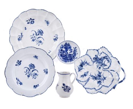 A SELECTION OF MOSTLY WORCESTER BLUE AND WHITE PRINTED AND PAINTED PORCELAINCIRCA 1780Including a Liverpool sparrow beak jugC