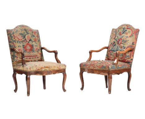 A PAIR OF FRENCH WALNUT AND TAPESTRY UPHOLSTERED FAUTEUILS18TH CENTURY112cm highCondition Report: Marks, knocks, scratches, a