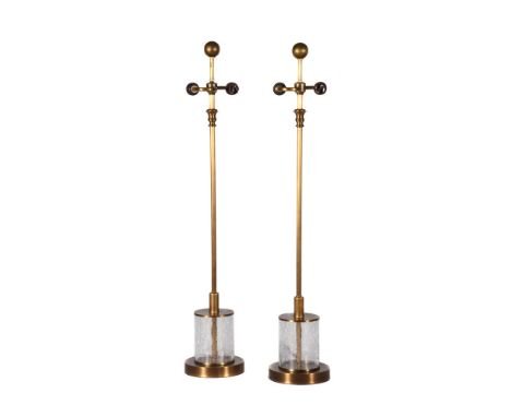 A PAIR OF GILT METAL TWIN LIGHT TABLE LAMPS WITH CRACKLED-GLASS BASESMODERN85cm highProvenance: From the collection of Victor