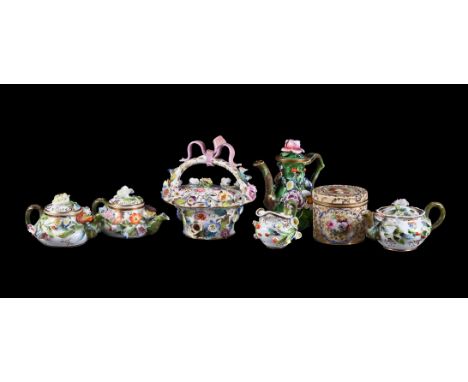 AN ASSORTMENT OF MOSTLY SPODE FLOWER ENCRUSTED PORCELAINVARIOUS DATES SECOND QUARTER 19TH CENTURYIncluding a flower encrusted