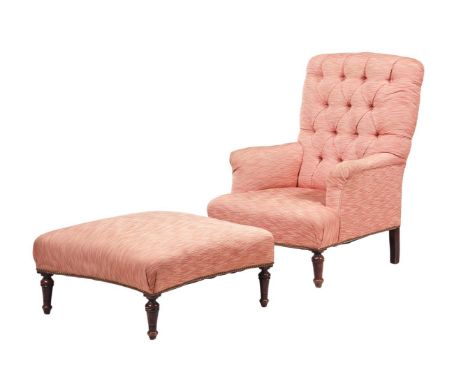 A VICTORIAN MAHOGANY BUTTON UPHOLSTERED ARMCHAIR AND FOOTSTOOL LATE 19TH CENTURYUpholstered in punk fabricThe chair 96cm high