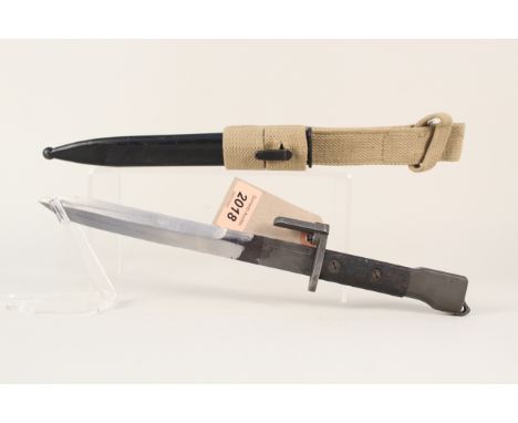 A British trials bayonet X2E1 with scabbard XIEI, and webbing frog dated 1961