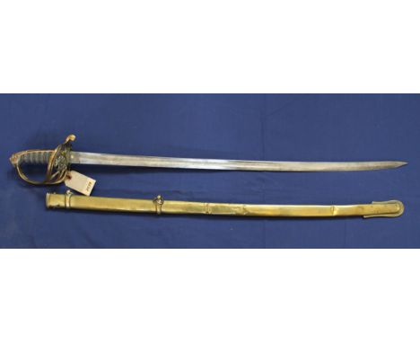 A British Victorian 1845 model Infantry Officers sword with brass scabbard, blade with Victorian crown and cypher (scabbard w
