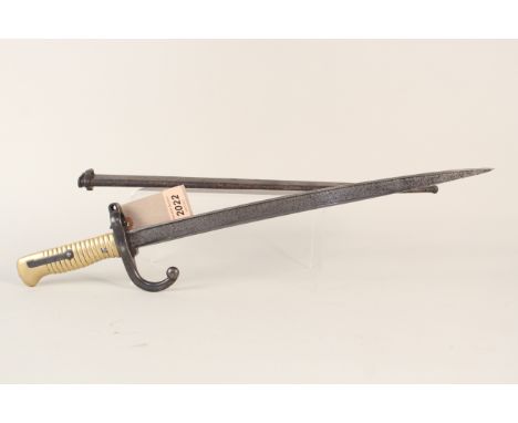 A French model 1866 brass hilted bayonet dated 1869, this example has been shortened and thinned, also scabbard matches blade