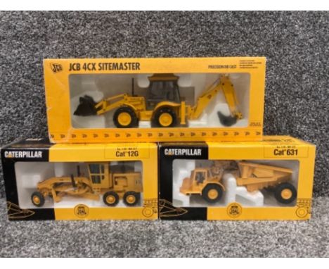Two CAT die cast models Motor Grader 13G and Tractor with Dumper 631, and JCB 4CX Sitemaster all boxed
