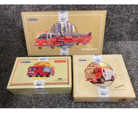 Corgi fire engines: Aerial Ladder Truck, Hong Kong AEC Fire Engine and AEC Pump Escape Fire Engine all boxed