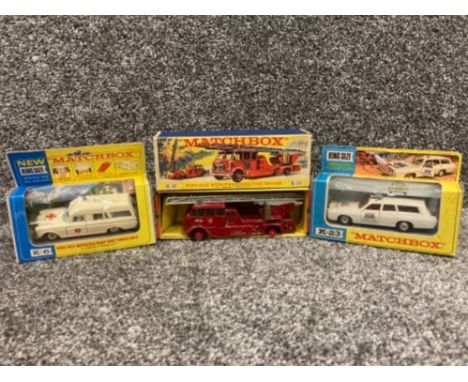 Matchbox K-15 King Size Merryweather Fire Engine, a K-6 Mercedes Ambulance and K-23 Mercedes Police Car all boxed