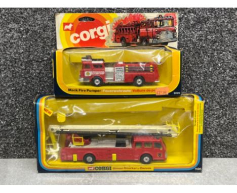 Corgi die cast vehicles 2029 Mack fire pump and 1126 Simon snorkel Dennis fire engine. Both in original boxes