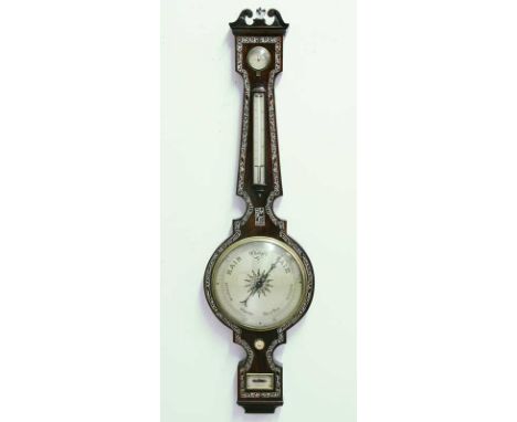 A VICTORIAN BAROMETER AND THERMOMETER with a hygrometer, the rosewood banjo shaped case with mother of pearl inlay by T. Hems
