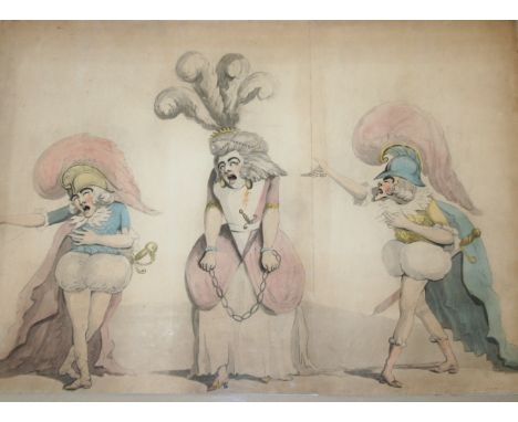 ENGLISH SCHOOL, Circa 1800 A LAMPOON ON OPERA Watercolour with pen and ink 38.5 x 54.5cm.; with a French drawing  by `aDg` in