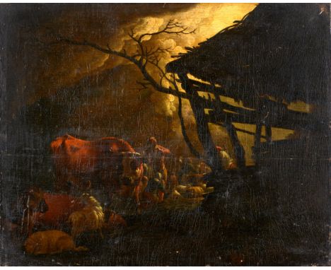 FOLLOWER OF NICOLAES PIETERSZ BERCHEM (1620-1683) SHEPHERDS WITH THEIR LIVESTOCK AT NIGHT, POSSIBLY A REPRESENTATION OF THE A
