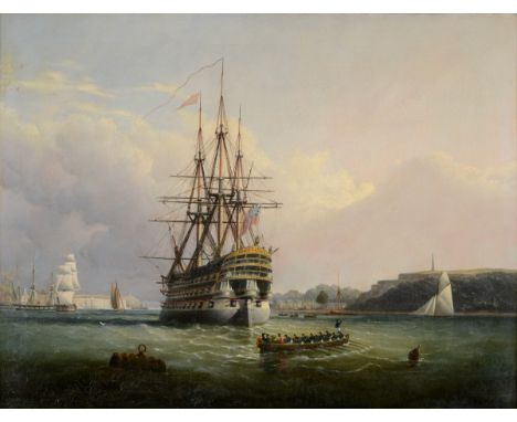 ATTRIBUTED TO JOSEPH WALTER (1783-1856) HMS ROYAL ADELAIDE LYING AT ANCHOR IN THE HAMOAZE AT DEVONPORT WITH A LONGBOAT CARRYI