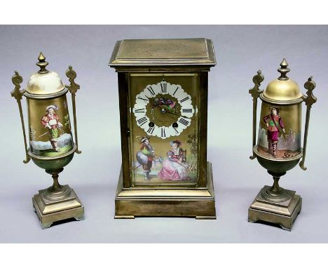 FRENCH GARNITURE OF MANTEL CLOCK AND TWO VASES brass and porcelain, painted with figures on a gilt ground, clock with coil st