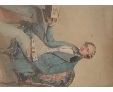 FREDERICK CRUICKSHANK (1800-1868) PORTRAIT OF CHARLES PRINSEP (1825-1887) Seated three quarter length, wearing a blue coat, a