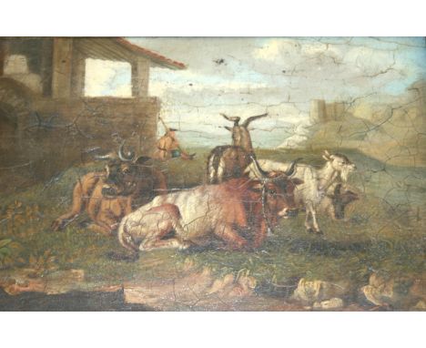 CIRCLE OF JAN VAN GOOL (1685-1763) SHEPHERDS WITH LIVESTOCK A pair, oil on panel Each 18.5 x 27cm. approx.(2) ++ Craquelure; 