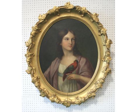 CONTINENTAL SCHOOL, 19th CENTURY PORTRAIT OF A GIRL, HOLDING AN AUSTRALIAN KING PARROT Quarter length, bears inscription on t