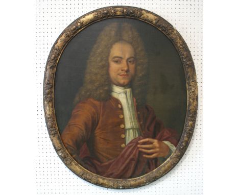 CIRCLE OF HANS HYSING (1678-1753) PORTRAIT OF A GENTLEMAN Long quarter length, wearing a brown coat and a red mantle, long wi