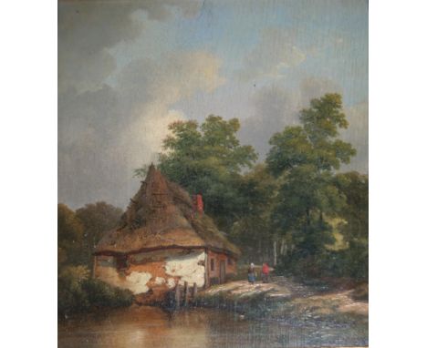 FOLLOWER OF RICHARD HILDER (1813-1852) FIGURES ON A COUNTRY PATH BY AN OLD COTTAGE Oil on panel 22.5 x 19.5cm. ++ Some craque