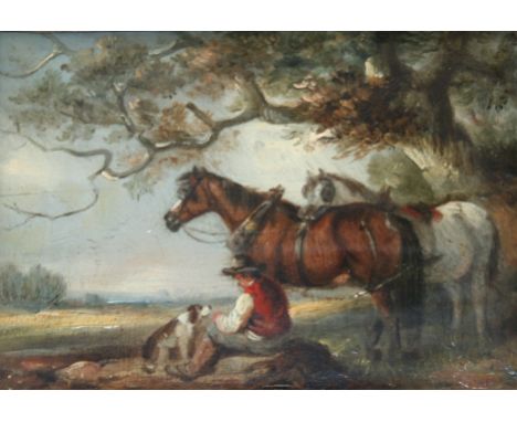 CIRCLE OF THOMAS HAND (1771-1804) A COUNTRYMAN WITH HIS DOG AND TWO HORSES BY A TREE Oil on panel 12 x 16cm.; with another pa