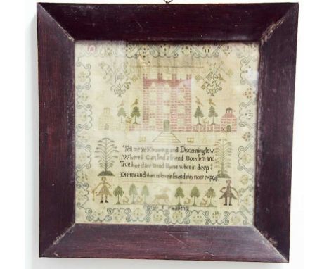 A SAMPLER worked with a country house, a verse and other motifs by Mariah Pleasents, early 19th century 12.75" (32cm) square
