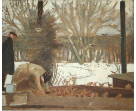 •JEAN D. ALEXANDER (1911-1994) FEEDING THE CHICKENS: FLETCHER AND CLARE Signed,  oil and pencil on thin panel, unframed 45.5 