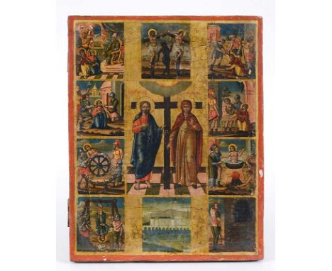 AN ICON 'THE HOLY AND GLORIOUS MARTYRS TIMOTHY AND MAVRA' painted with panels showing scenes from their torture on a gold gro