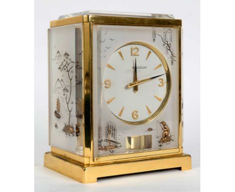 A JAEGER LE COULTRE ATMOS MARINA MANTEL CLOCK with plexi-glass panels and chinoiserie decoration. height 9" (23cm)  With trav