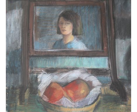 •MARYSIA DONALDSON (Fl.1961-1989) IN THE MIRROR, MOUNTJOI (SELF PORTRAIT) Signed and indistinctly dated, pastels 37 x 42.5cm.