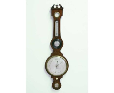 A BAROMETER AND THERMOMETER with silvered plates in banjo shaped mahogany case also with hygrometer, by G. Bianchi, Windsor h