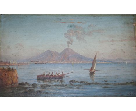 ACHILLE SOLARI (1835-1884) A VIEW OF VESUVIUS ACROSS THE BAY OF NAPLES Signed, indistinctly inscribed verso, oil on panel 15.