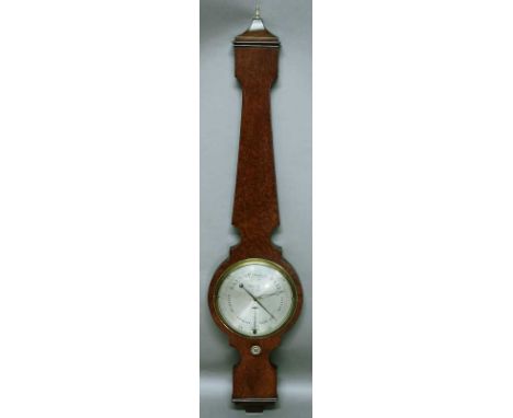 AN EARLY 19TH CENTURY BANJO BAROMETER AND THERMOMETER with amboyna veneer, silvered dial, by S. Bregazzi, Derby height 43" (1